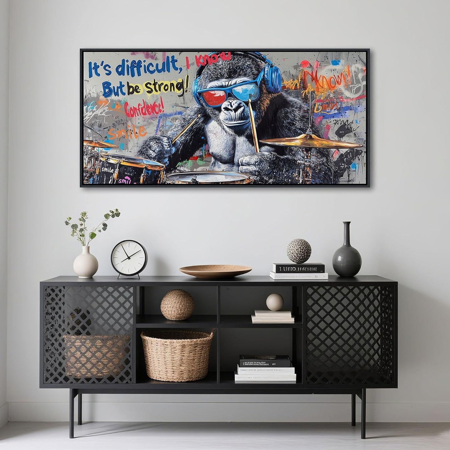 QZQCBLC Large Canvas Wall Art - Abstract Graffiti Gorillas Playing Drums Street Paintings Artwork Black White Pictures for Living room Bedroom Bar Men's Teenager Game Room Home Decor 24X48