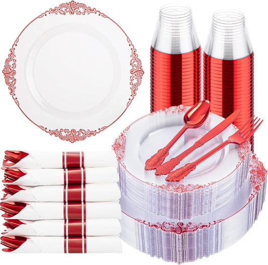 Hioasis 175pcs Clear Red Plastic Plates - Elegant Disposable Dinnerware Set Suitable for 25 Guests Include 10.25" Dinner & 7.5" Dessert Plates, Pre Rolled Silverware Set, Cups for Party & Wedding
