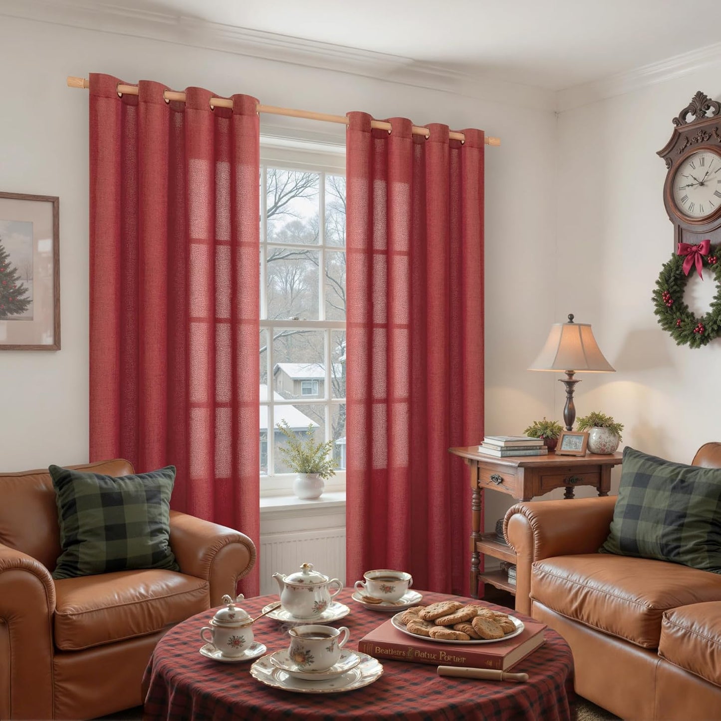 YoungsTex Red Linen Curtains 80 Inch Length for Living Room, Light Filtering Window Drapes Semi Sheer with Bronze Grommet Privacy for Christmas Decor Bedroom, 52 x 80 Inch, 2 Panels