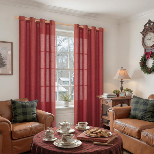 YoungsTex Red Linen Curtains 80 Inch Length for Living Room, Light Filtering Window Drapes Semi Sheer with Bronze Grommet Privacy for Christmas Decor Bedroom, 52 x 80 Inch, 2 Panels
