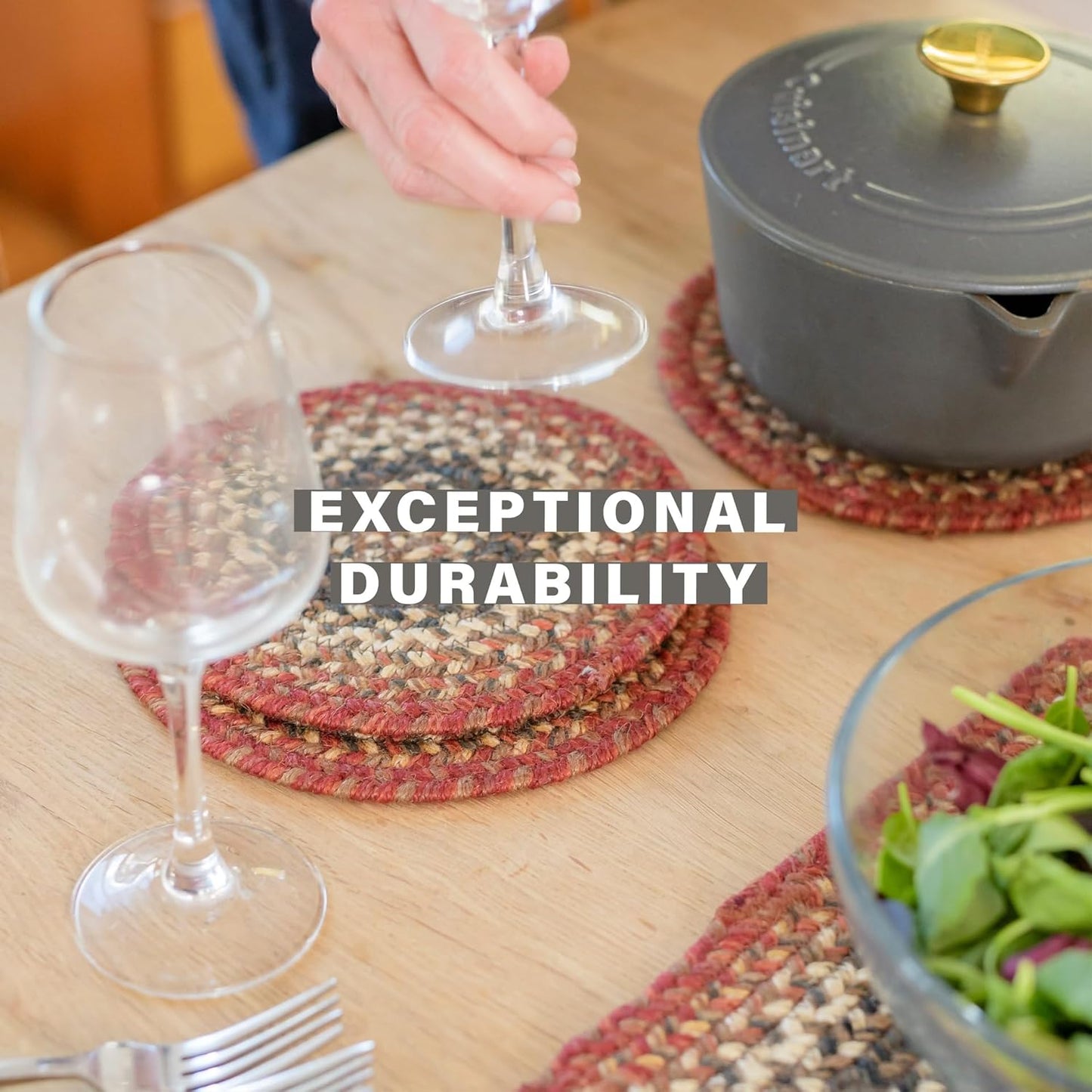 Chester Round Braided Placemats, Warm Lodge and Cabin Decor, Set of 2, 15" Red Jute Table Mats - Vibrant Colors, Durable, Easy to Clean and Protects Furniture