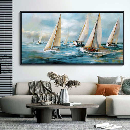 YDYSUNE Sailboat Wall Art - Blue Canvas Abstract Painting Textured Picture Artwork Vintage Nautical Large Painting Coastal Modern Print Frame for Living Room Bedroom Home 29x58inch