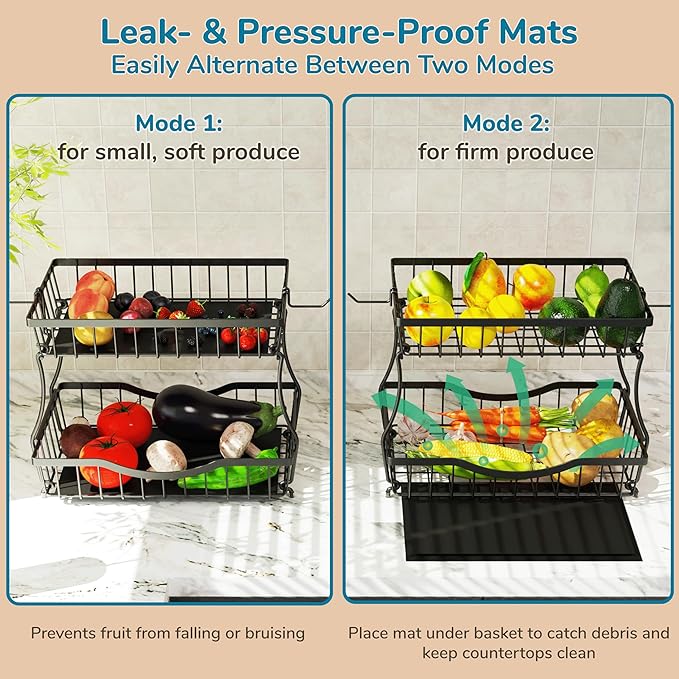 2 Tier Fruit Basket for Kitchen Counter with 2 Banana Hangers, Large Metal Fruit Bowl for Onion Vegetable Bread Snack, Countertop Organizer – Black, 14.5" W x 9.5" D