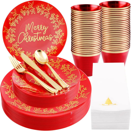 Morejoy 175PCS Christmas Disposable Plates, Red and Gold Plastic Plates Set, Red Gold Dinnerware Set Includes: 50PCS Plates, 25Cutlery Sets, 25PCS Cups, 25PCS Napkins,for Christmas party, wedding