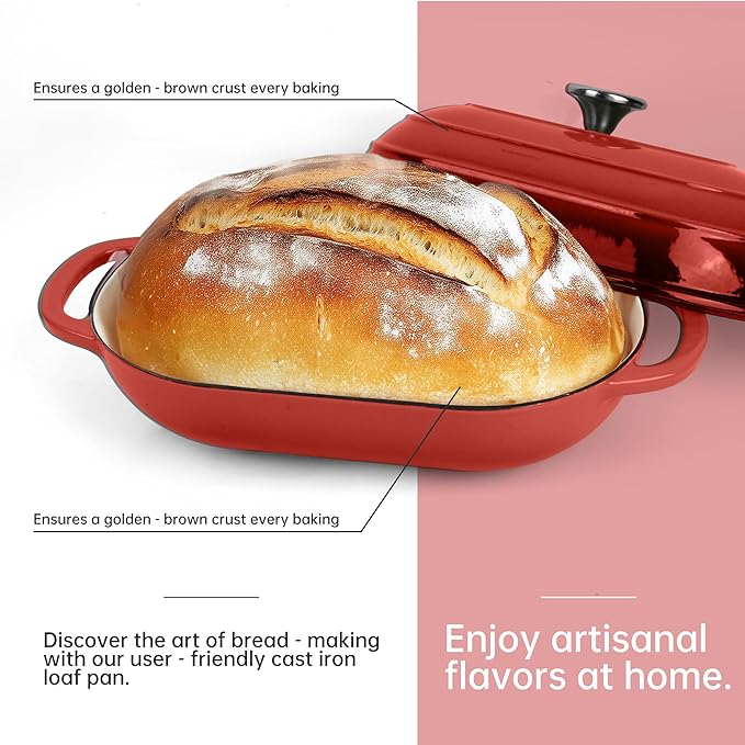 Premium Enameled Cast Iron Dutch Oven for Bread Baking | Non-Stick 2QT Oval Bread Oven with Lid | Perfect for Sourdough, Loaf, and Artisan Baking (Oval Red, 5 QT)