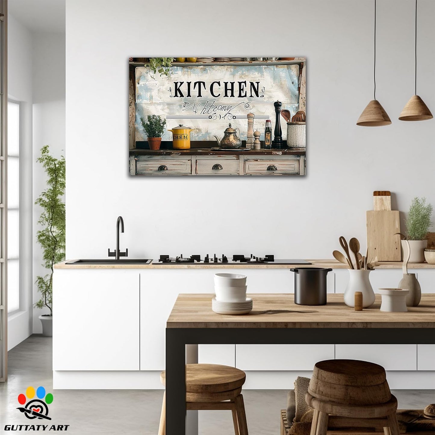 GUTTATY Farmhouse Wall Art Rustic Kitchen Decor, Ready to Hang Graffiti Kitchen Canvas Print Spoon And Vegetable,Vintage Posters Prints for Dinning Room Home Kitchen Restaurant Painting 32×48 Inch