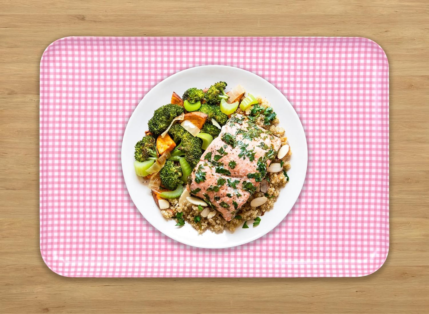 TATSU-Craft NR Non Slip Serving Tray Gingham Check, Pink, Microwave Safe, Rectangular Plastic Tray, 15.3 x 10.6 Inches, Great for Cafeterias, Restaurants, Coffee Shops, Kitchen, Desserts, and More