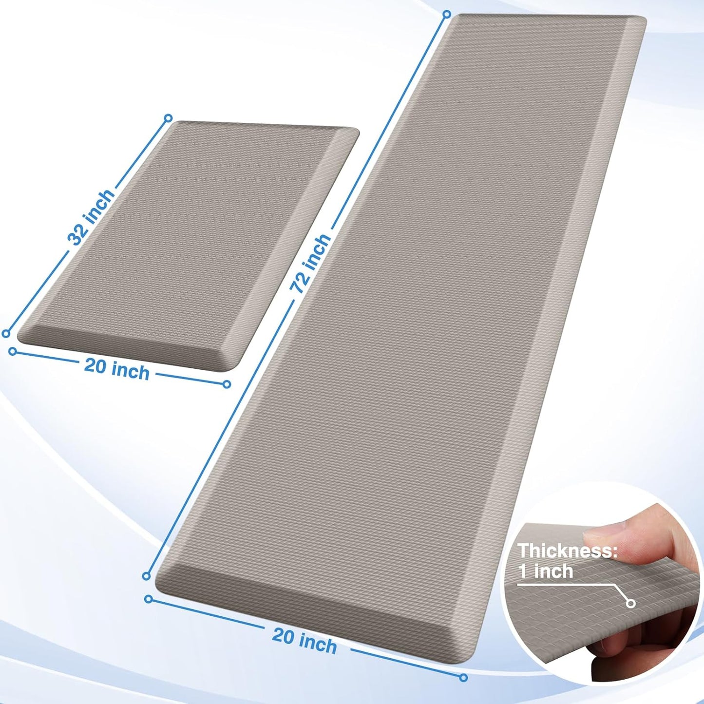 StepRite Kitchen Mats, 2PCS Kitchen Rugs, Cushioned Anti Fatigue Kitchen Mats for Floor, Non-Slip Standing Desk Mat, Waterproof Kitchen Rug Set for Kitchen, 20" x 32"+20" x 72"-Full 1 inch Thick,Khaki