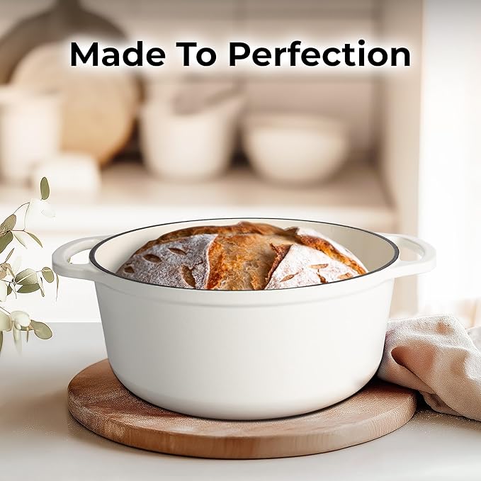 Zulay Kitchen 5 Quart Enameled Cast Iron Dutch Oven Pot with Lid – Premium Durability & Oven Safe up to 500°F – Heavy Duty Cookware Perfect for Bread Baking, Stews, Braising & Roasting – White