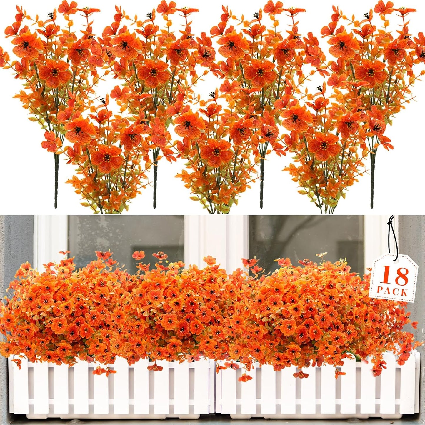 18 Bundles Artificial Flowers for Outdoors UV Resistant Fake Flowers Realistic Faux Flowers Artificial Plants Outdoor for Fall Indoor Garden Patio Window Box Kitchen Home Autumn Decor