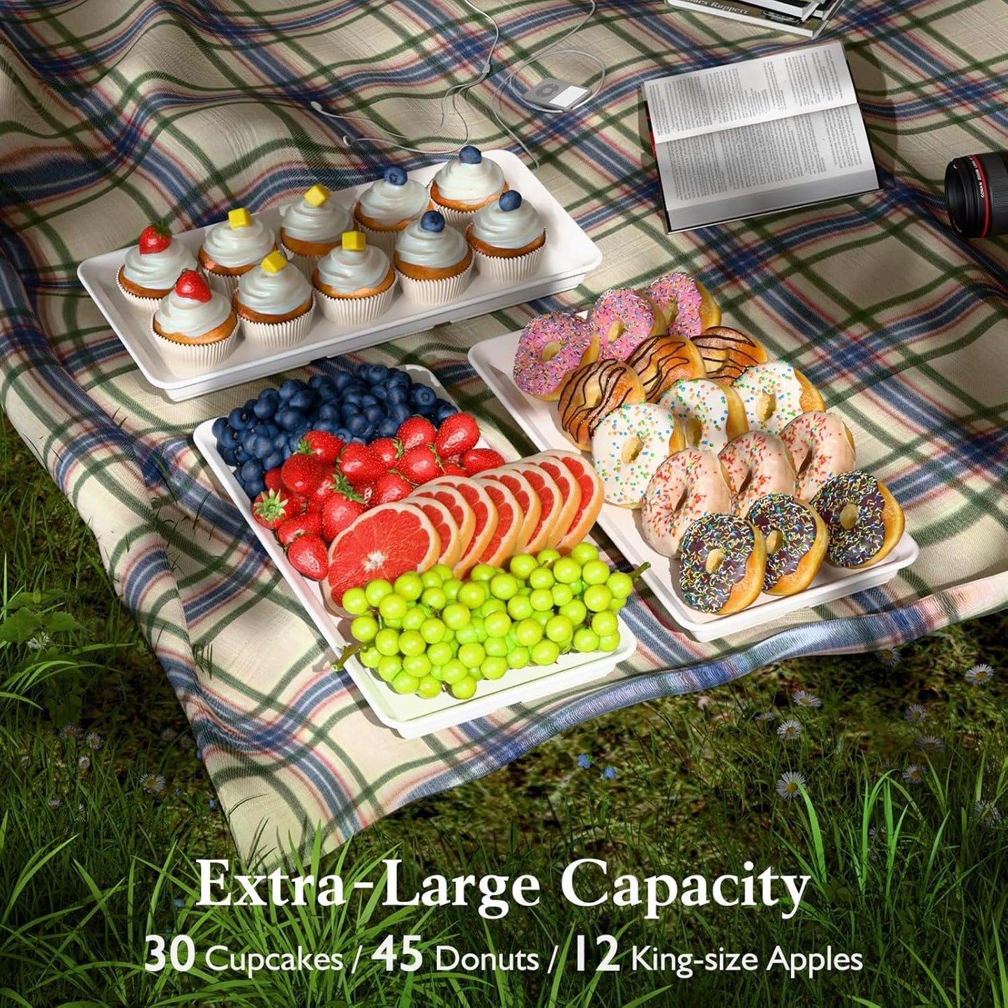 3-Tier Melamine Serving Tray Set, 14"x7" Platters for Serving Food, White Reusable Trays with Golden Metal Display Stand for Cupcakes, Sevring Food, Dessert, Fruit, Cookie, 24K Gold-Plated