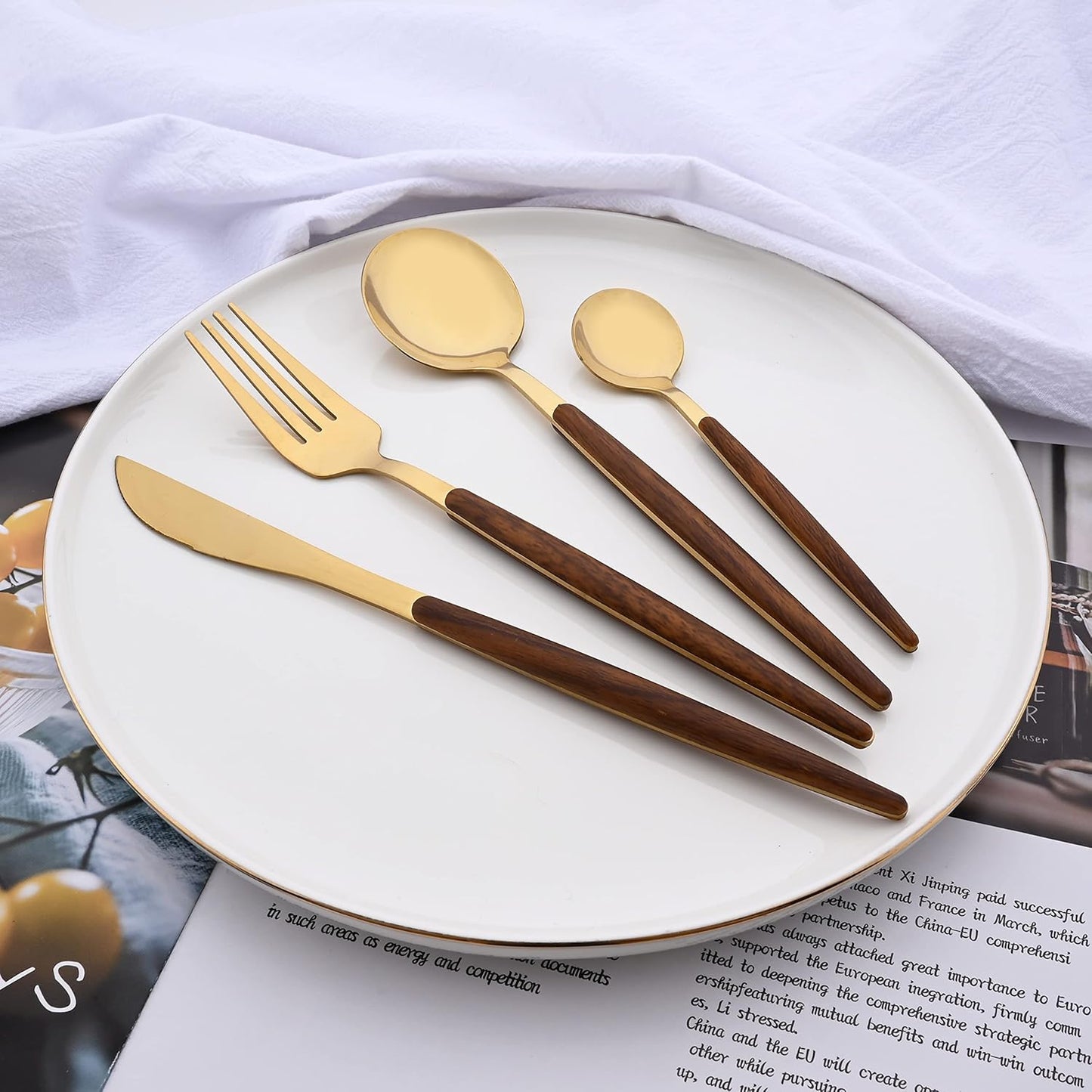 24-Piece Silverware Set for 6, Gold Mirror Polished Stainless Steel Flatware Set, Wooden Effect Handle Utensil Set for Home Hotel Restaurant, Family Cutlery Set Include Knife Fork Spoon