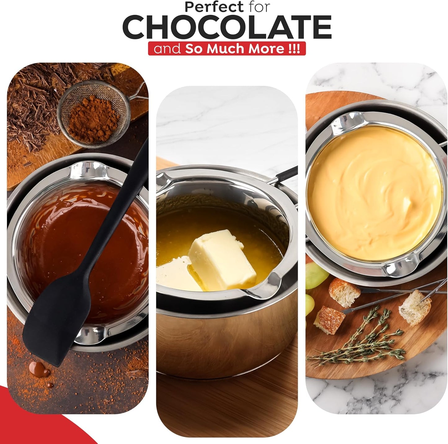 AVACRAFT Double Boiler 18/8 Stainless Steel Double Boiler Pot with Stainless Steel Pot and Silicone Spatula, Double Boiler Set for Melting Chocolate, Candy, Soap, Wax, Candle Making (1 Quart)