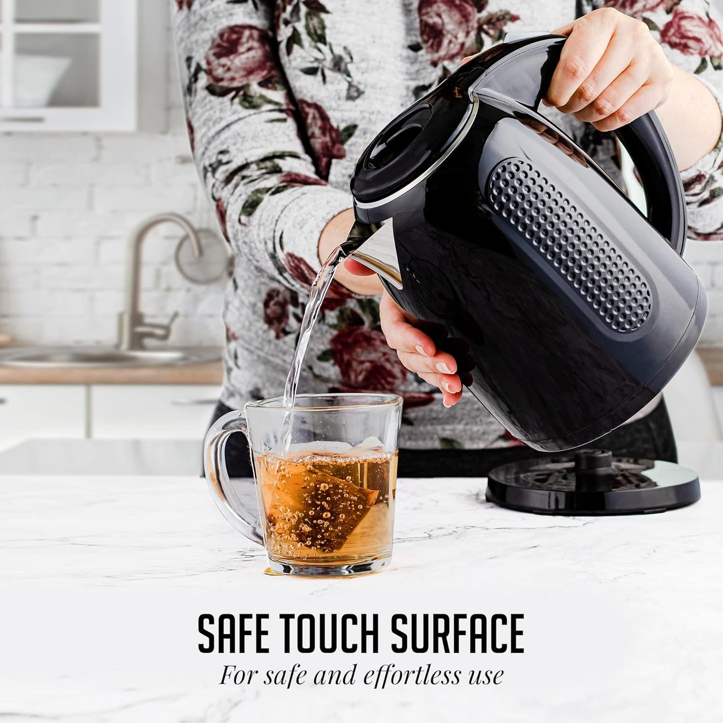 OVENTE Electric Kettle, 1.7L Double Wall Stainless Steel Insulated Water Boiler & Heater for Coffee or Tea, 1100W Fast Boiling with Auto Shut-Off, Boil-Dry Protection & Secure Locking Lid, Black KD64B