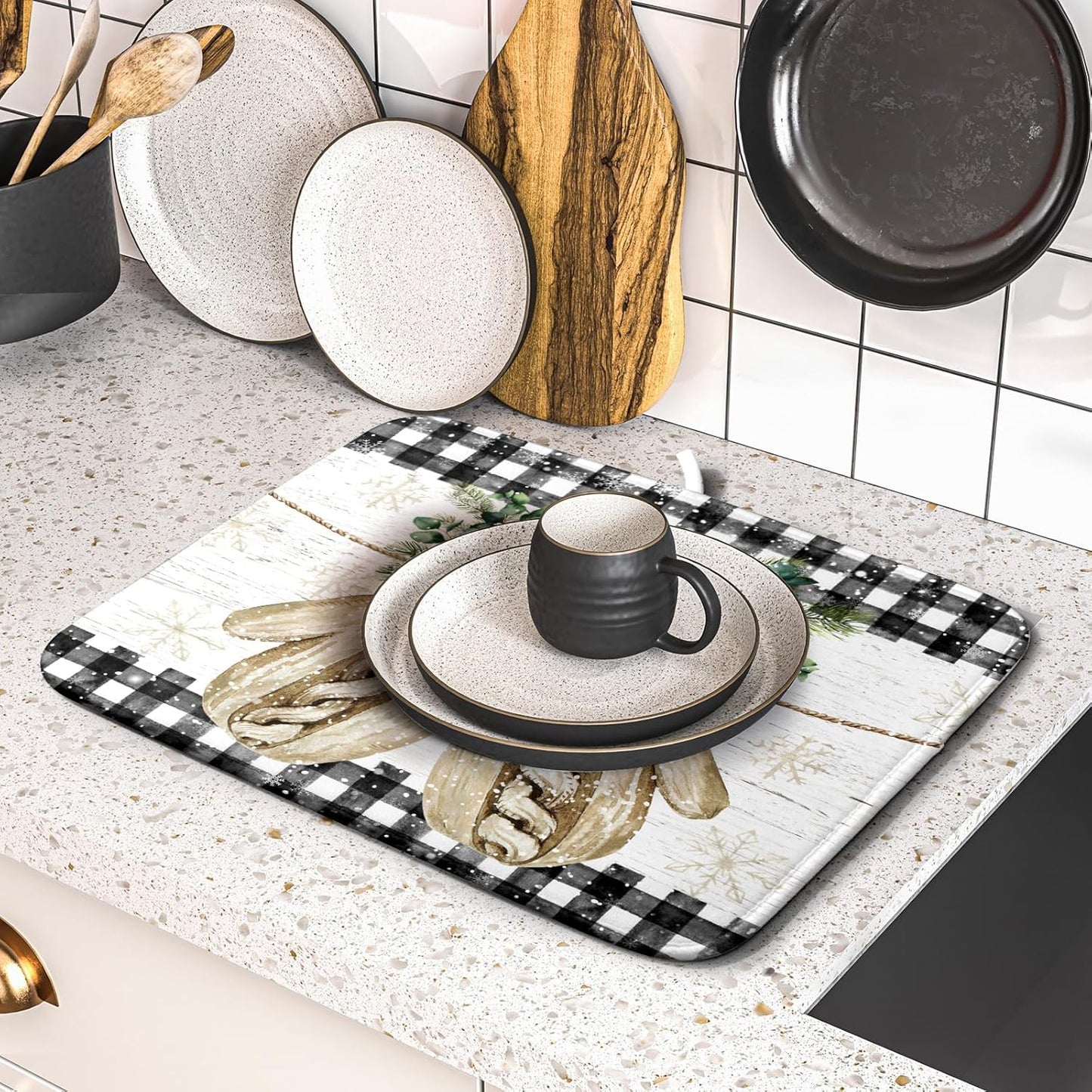 Christmas Dish Drying Mat for Counter 16'' X 18'', Black Buffalo Plaid Snowflake Gloves Dish Drainer Mats Medium Absorbent Fast Dry Microfiber Rack Pads Kitchen Accessories
