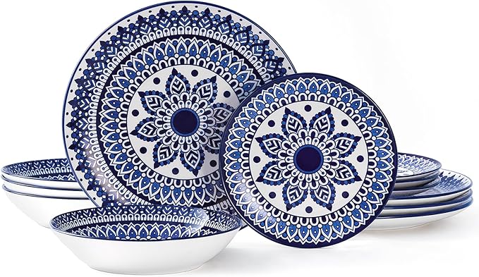 Bestone Porcelain Dinnerware Sets Service for 4, 12 pcs Hand drawn Plates and Bowls Sets, Handmade Ceramic Dish Set, Chip Resistant Modern Plate Set, Dishwasher/Microwave Safe，Vintage Blue