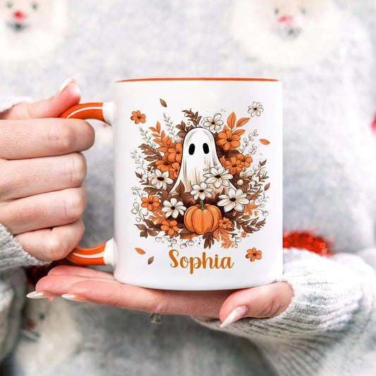 Hyturtle Personalized Fall Halloween Mug Gifts - Spooky Ghost - Custom Name Coffee Cup Ceramic Mug 11oz 15oz - Autumn Gifts For Her - Fall Thanksgiving Decor Gift