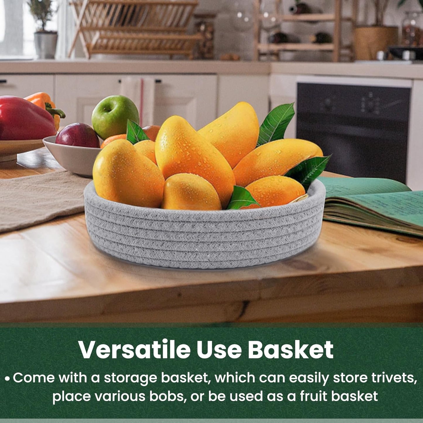 10 Inch Trivets for Hot Dishes, Hot Pots and Pans, Extra Large Thick Heat Resistant Large Coaster, Hot Pads, Kitchen Essentials, Pot Holders for Countertop with Storage Basket, 5 Pcs