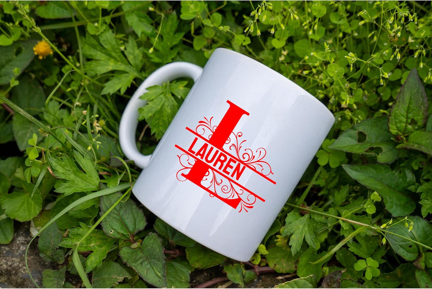 Customizable 11oz Coffee Mug - Sublimated Printed Mugs with Personalized Text, Names, and Initials. Perfect as Gifts for Men and Women for Birthdays (White Mug) (Monogram Red)