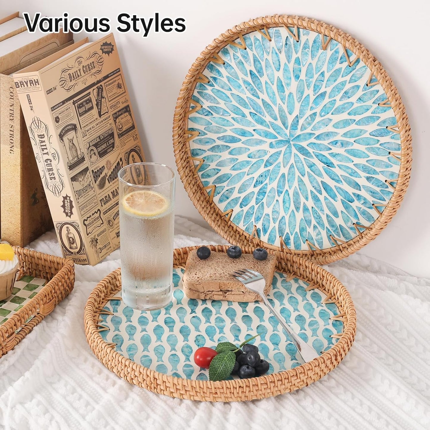 Round Rattan Tray with Mother of Pearl Inlay, Rattan Serving Tray for Coffee, Bread, Fruits, Decorative Wicker Tray for Table Decor, Home Decor, Kitchen Island Decor (Turquoise Fish, 11.8")