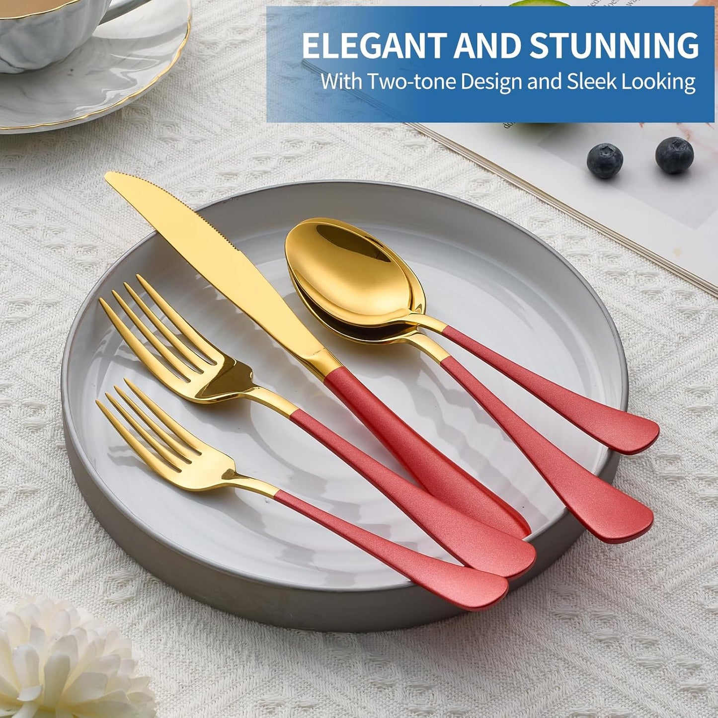 20-Piece Red & Gold Silverware Set, 18/0 Stainless Steel Colorful Handle Flatware Set,Service for 4,Modern Cutlery Set Includes Dinner Knives Forks Spoons,Mirror Polished,Dishwasher Safe