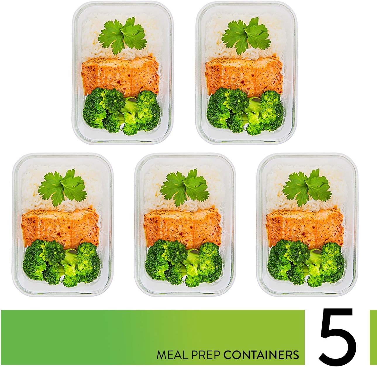 Prep Naturals Glass Meal Prep Containers - Oven, Microwave & Freezer Safe - Leakproof Airtight Glass Storage Containers with Lids - For Food Prep & Lunch - Pack of 5, 36 Oz, Square