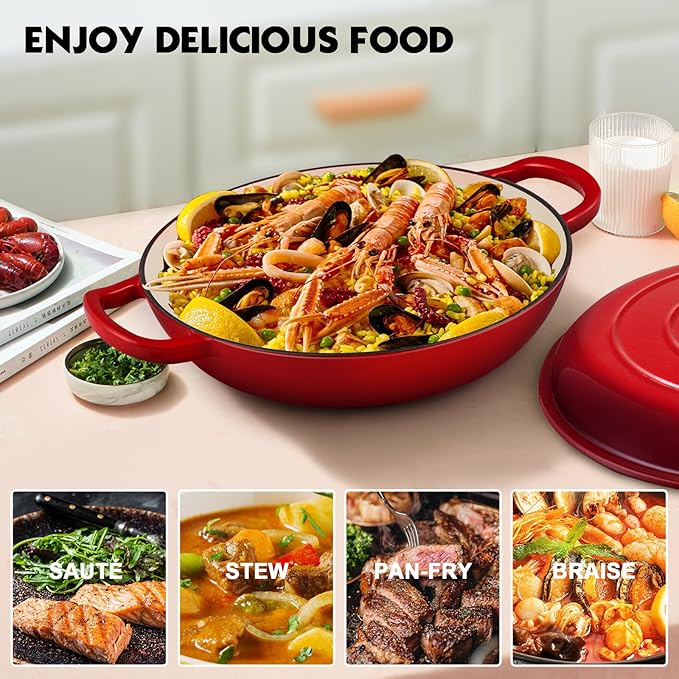 Overmont Enameled Cast Iron Dutch Oven - 3.8 Quart Dutch Oven Pot with Lid - Shallow Cookware Braising Pan - Cast iron Casserole with Cookbook & Heat-resistant Caps - Oven Safe up to 500° F