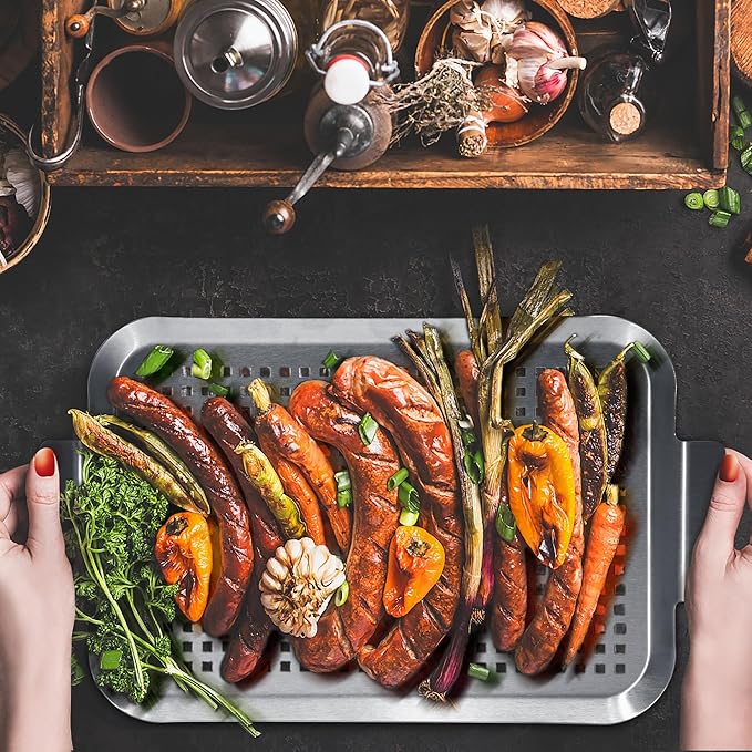Grill Pan Set of 2, BBQ Grill Topper for Outdoor Grill, Stainless Steel Grilling Baskets with Holes and Handles, Perforated Food Tray Barbecue Accessories for Vegetable, Fish, Large