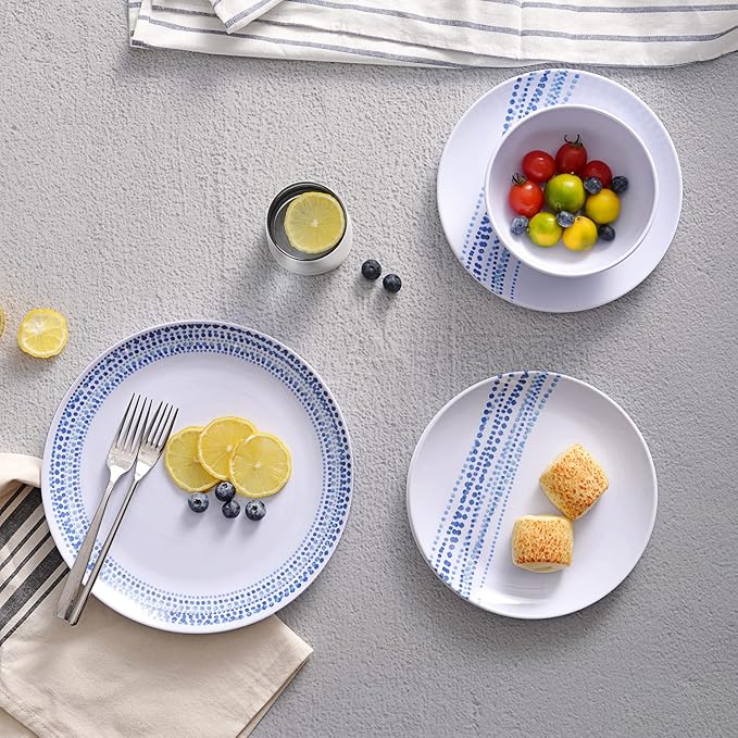 Melamine Dinnerware Sets, 12Pcs Plates and Bowls Sets Dinnerware Sets for 4, Unbreakable Dish Set for Indoor and Outdoor Use, Dishwasher Safe Raindrops Design