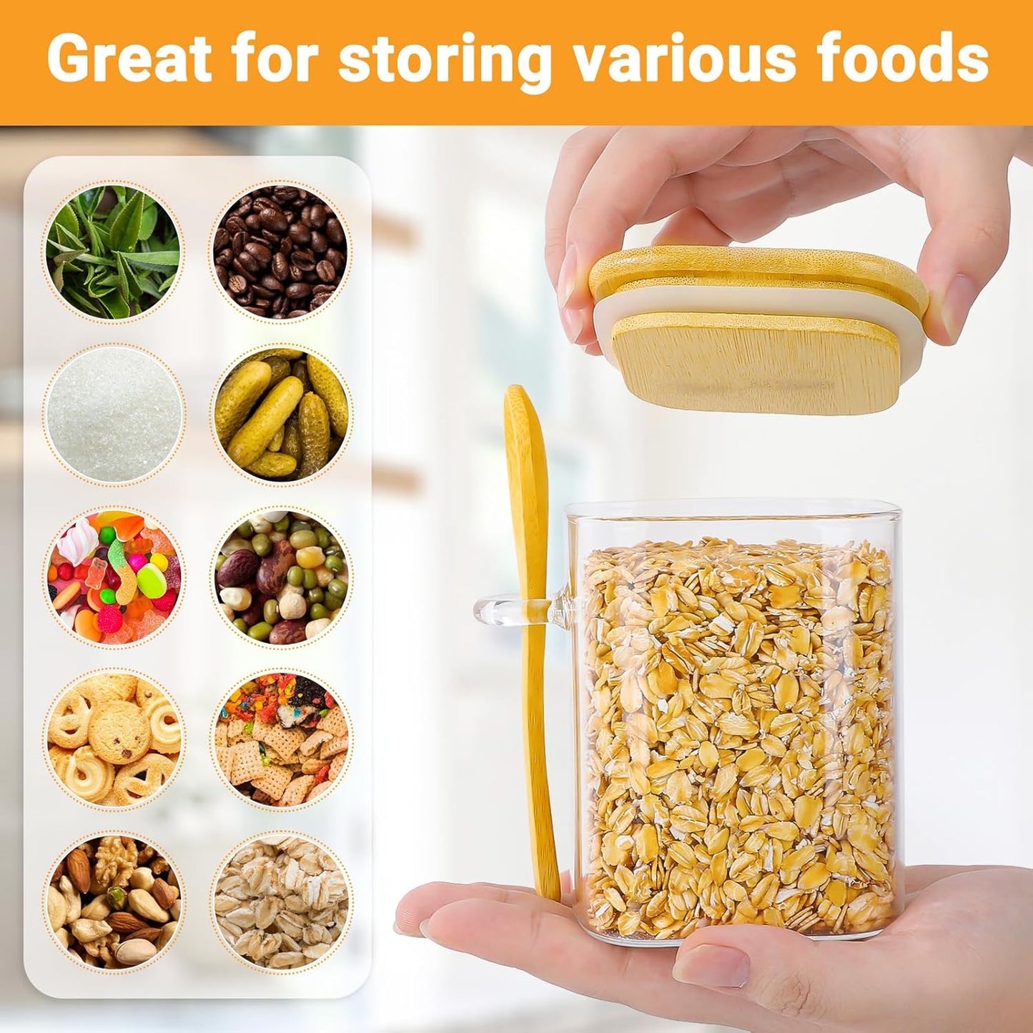 Glass Jars with Bamboo Lids Set of 4, 15 Fl.oz Square Glass Storage Jars with Airtight Lid and Spoon, Stackable Kitchen Food Canister Pantry Container for Spice, Tea, Cookie, Coffee and Sugar