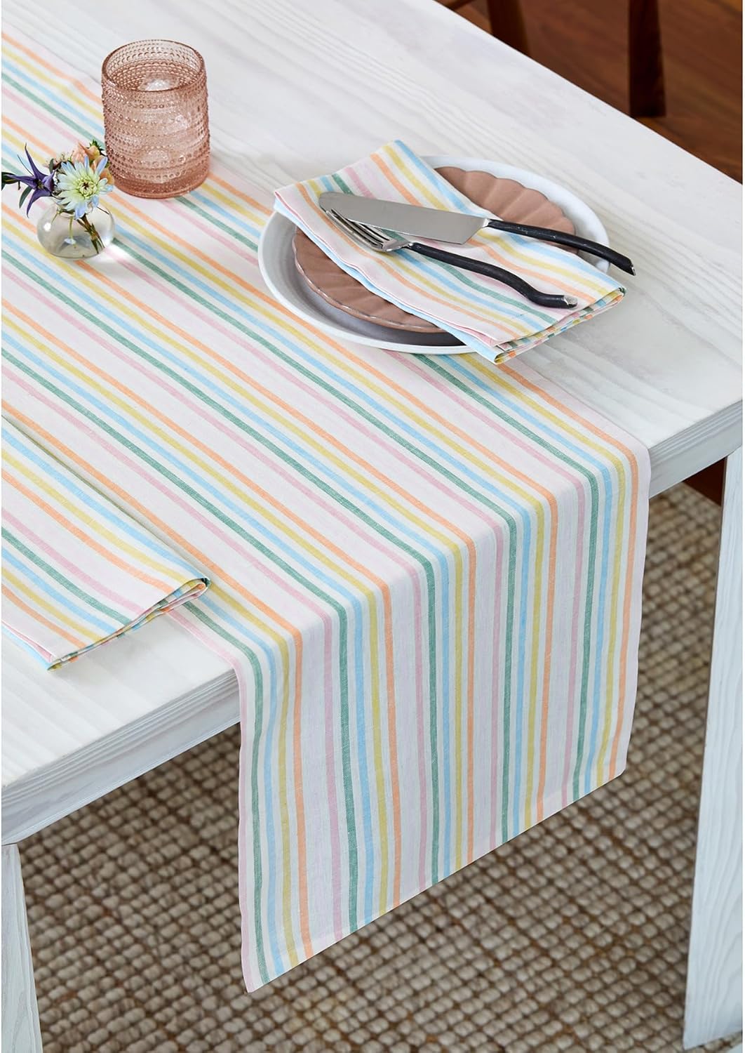 Solino Home Linen Table Runner 48 Inches - Julia 100% Pure Linen Multicolor Muted Pastel Stripe Farmhouse Table Runner 14 x 48 Inch Ideal for Dresser and Coffee Tables