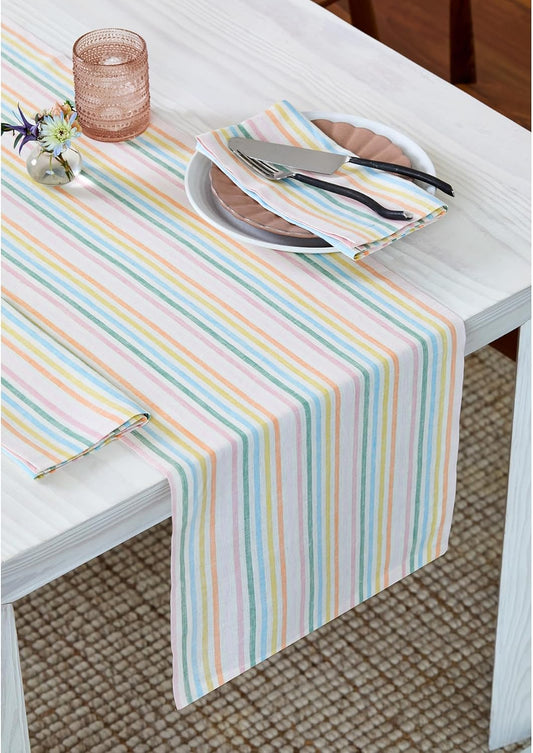 Solino Home Linen Table Runner 72 Inches Long - Julia, 100% Pure Linen Multicolor Muted Pastel Stripe Table Runner 14 x 72 Inch for Dining, Dresser