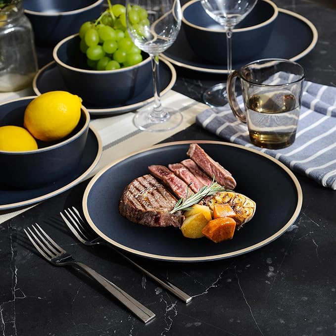 Melamine Dinnerware Sets for 4,12 Pcs Plate and Bowl Set,Unbreakable dish set,BPA Free,Suitable Indoors And Outdoors (Matte Black)