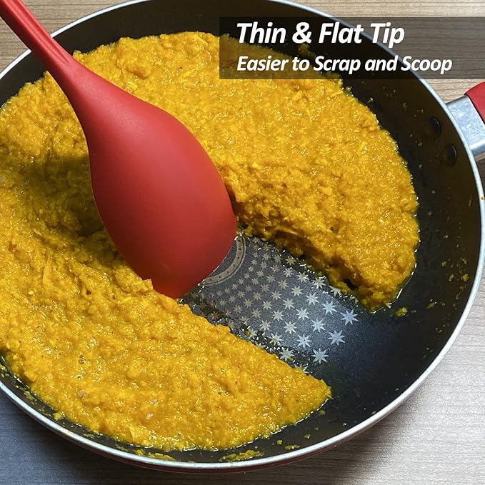 2 Pack Large Silicone Cooking Spoon, Non-Stick Slotted and Solid Spoon set with Deep Bolw and Measurement Mark for Mixing, Serving, Draining, Scooping, Scraping, Heat Resistant Kitchen Utensils, Red