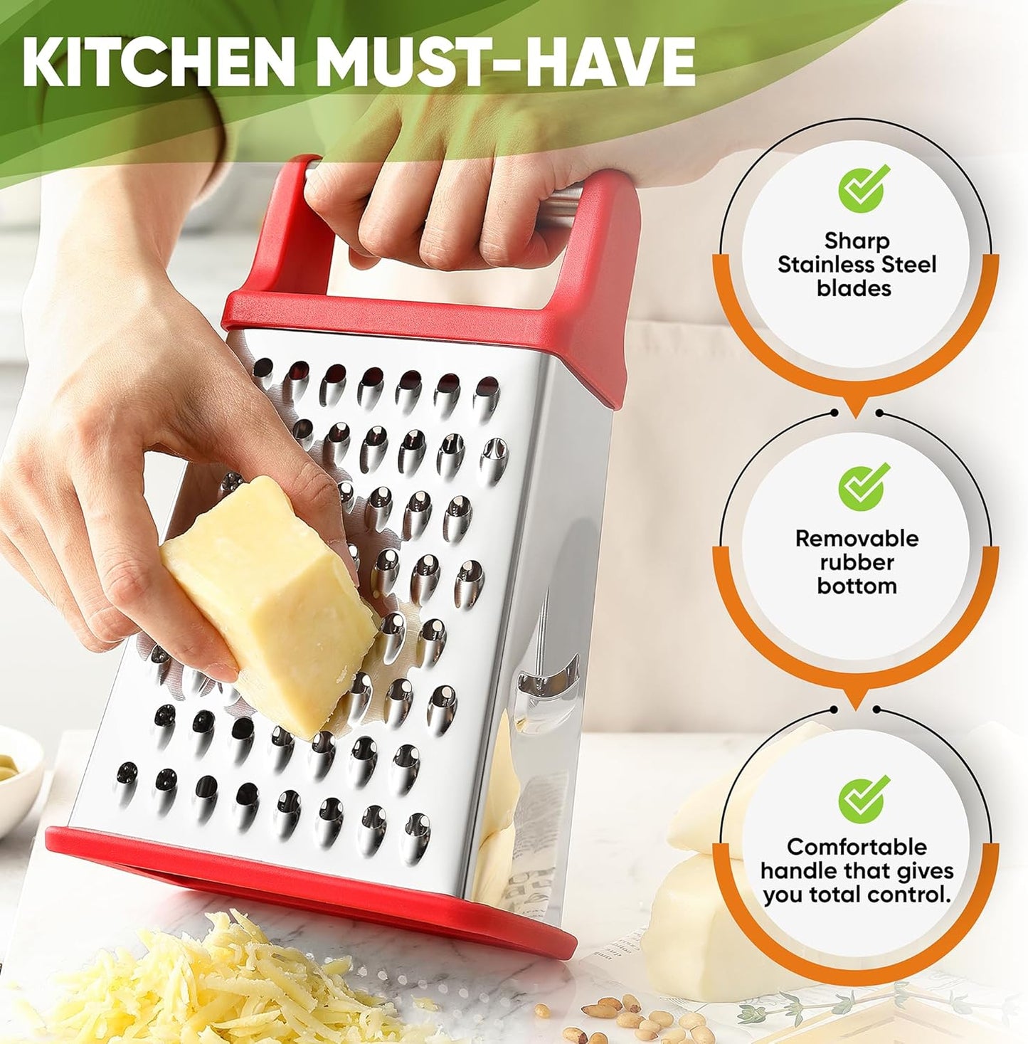 Spring Chef Professional Cheese Grater - Stainless Steel 4 Sided Box Grater for Kitchen, XL Size - Perfect Shredder for Parmesan Cheese, Carrot, Potato, Ginger - Dishwasher Safe - Red