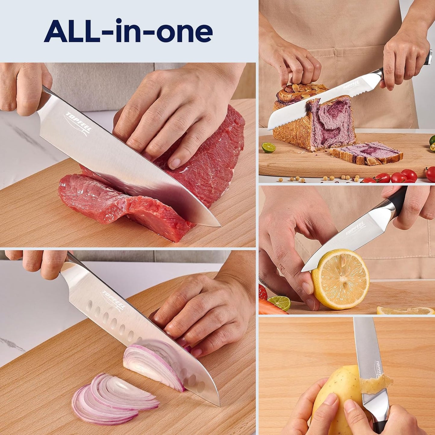 6Pcs Kitchen Knife Set with In-Drawer Bamboo Knife Organizer- 3.5-8 Inch Set Kitchen Knives German High Carbon Stainless Steel Sharp Knife, Knives Set for Kitchen with Ergonomic Handle