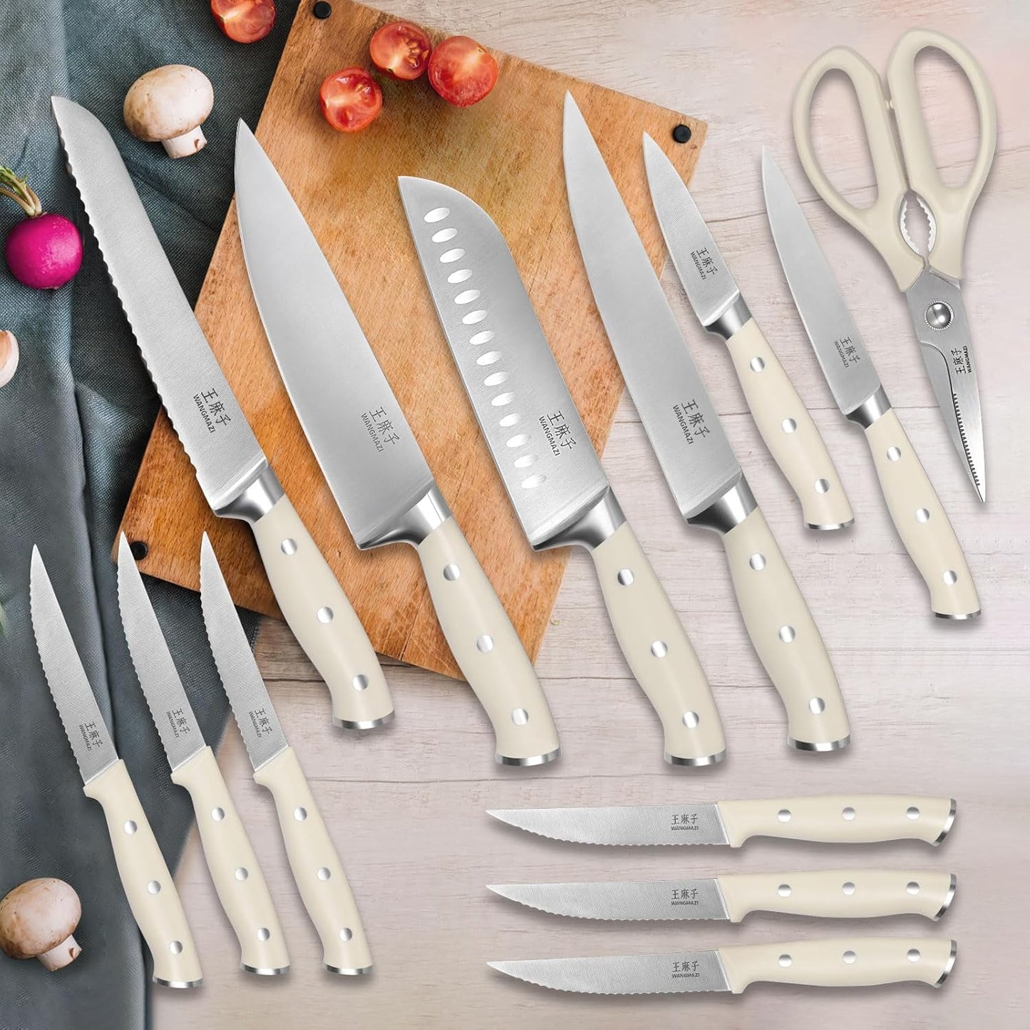 Premium Knife Set,High Carbon Stainless Steel Forged,Sharp Knives Set for Kitchen,Triple-rivet Ergonomic Handle,Hundreds of Years of Masterful Craftmanship(Ivory,15PCS)