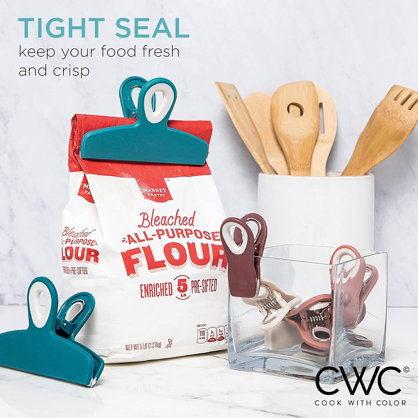 COOK WITH COLOR Bag Clips - Heavy Duty Chip Clip and Refrigerator Magnet Clips for Food Storage with Air Tight Seal Grip, Teal and Mauve, Pack of 8