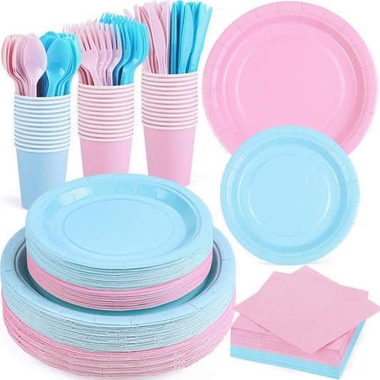 durony 350 Pieces Baby Gender Reveal Party Supplies Light Pink Light Blue Paper Plates Serve 50 Guests Boy or Girl Gender Reveal Plates Napkins Paper Cup Cutlery for 1st Birthday and Baby Shower Decor
