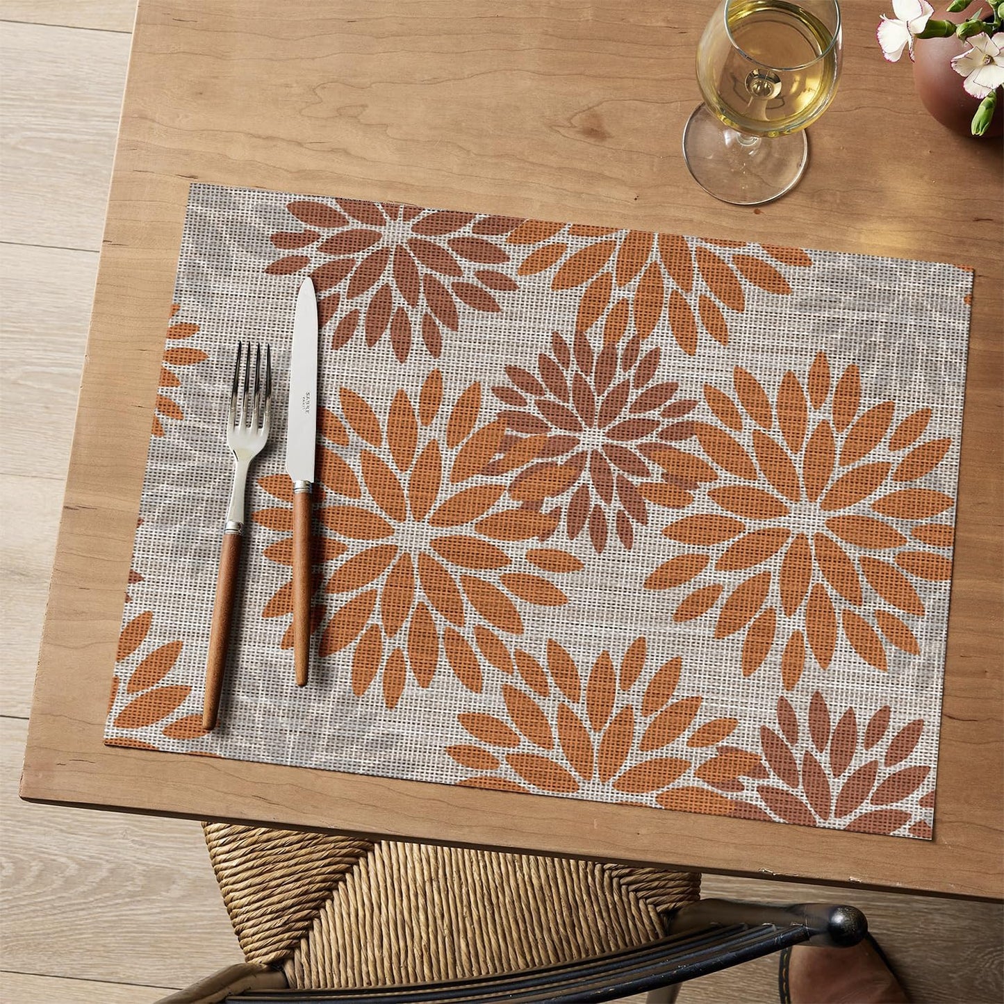 Artoid Mode Floral Vinyl Fall Placemats Set of 4, 12x18 Inch Thanksgiving Vintage Washable Non-Slip Plastic Place Mats for Party Kitchen Dining Decor, Orange