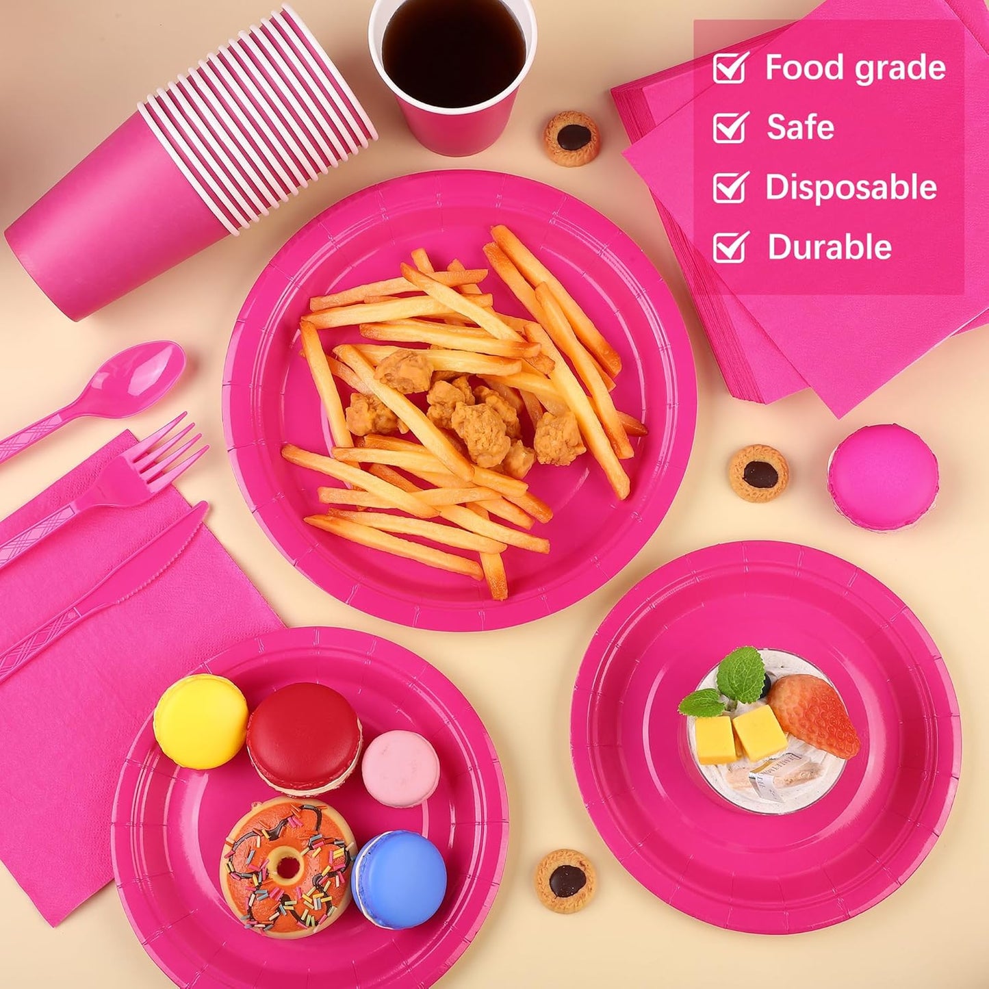 durony 350 Pieces Hot Pink Paper Dinnerware Set 7 Inch 9 Inch Disposable Dinner Plates Serve 50 Guests Paper Cup Cutlery Napkins Solid Color Party Supplies for Birthday Wedding Party Family Picnic