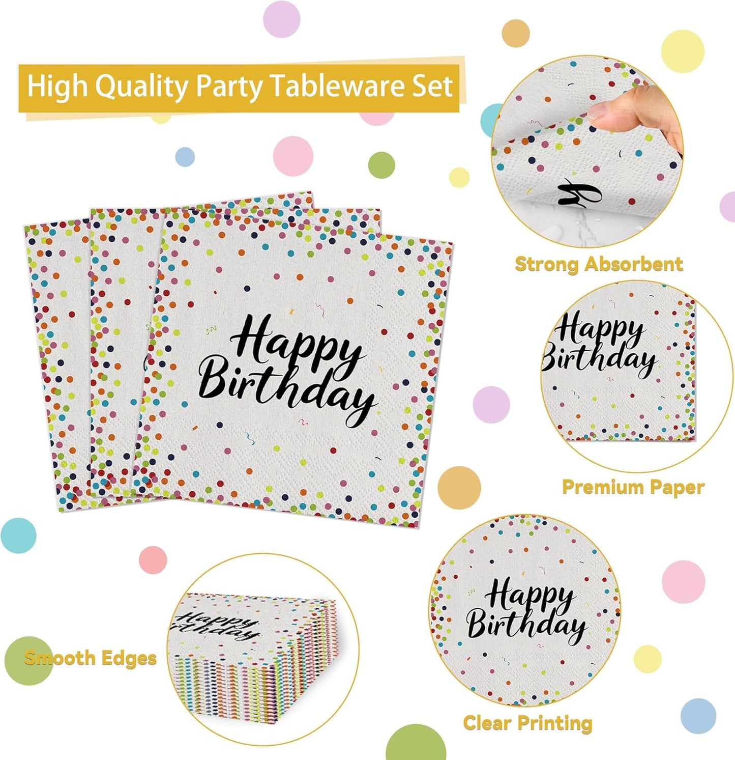 161CT Polka Dot Birthday Party supplies Dinnerware, Include Paper Plates Cups Straws Cutlery, Beige Kitchen Dining Table Decoration for Baby shower, Birthday Party Decor