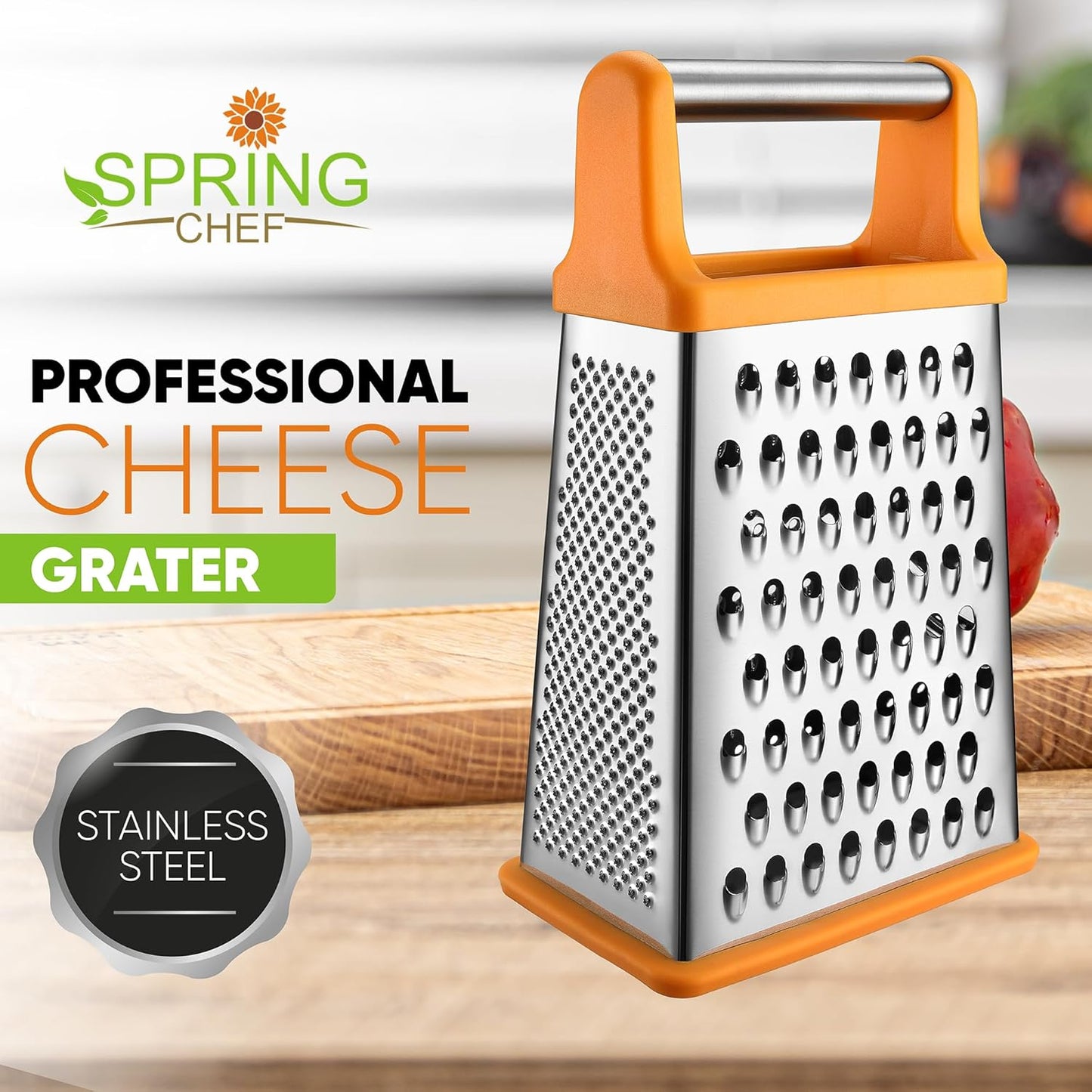 Spring Chef Handheld Stainless Steel XL Parmesan Cheese Grater with Handle - 4 Sided Manual Box Grater for Kitchen - Dishwasher Safe Cheese Shredder for Carrot, Potato, Vegetables, Hash Brown - Mango