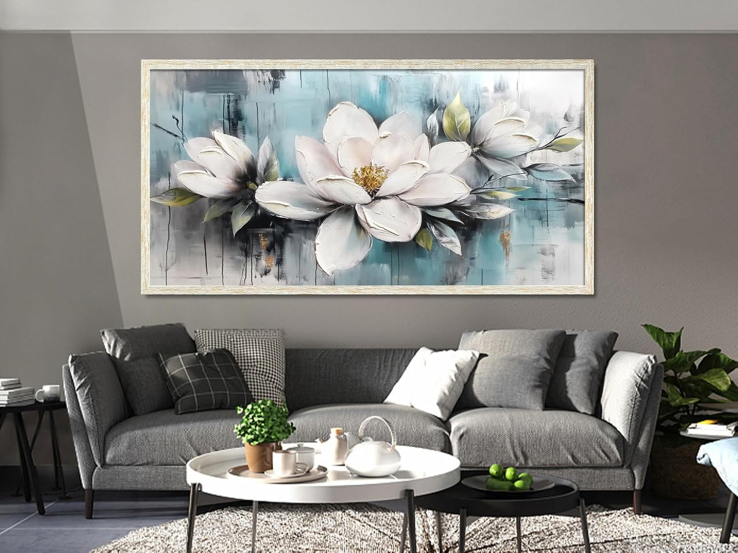 Ardemy Magnolia Wall Art Framed Large Canvas Wall Decor Living Room, White Floral Pictures Wall Decor Teal Paintings FlowerTextured Artwork for Bedroom Dining Room Home Office, 48"x24"