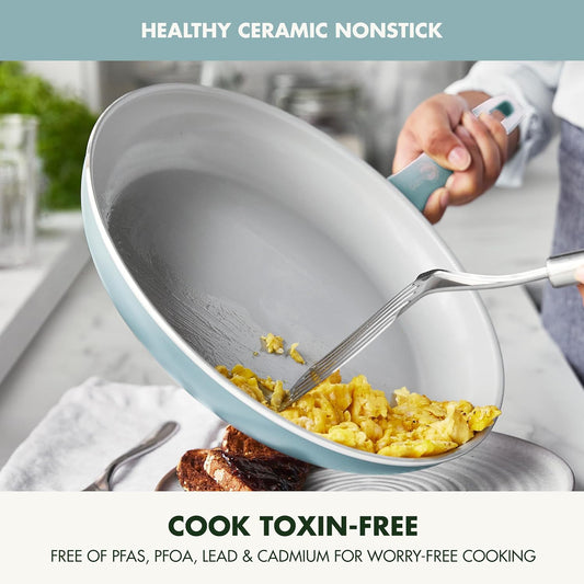 GreenPan Dover 12” Frying Pan Skillet, Non-Toxic PFAS-Free Ceramic Nonstick Coating, Sear Saute Fry Egg Omlete, Dishwasher & Oven Safe, Stay Cool Handle, Easy Pour Rims, Blue Haze
