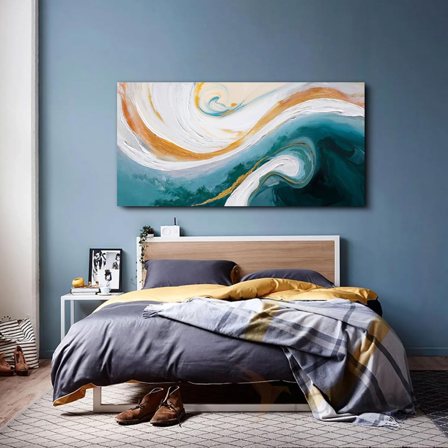 XLSJERST Abstract Canvas Wall Art for Living Room - Large Nave Blue and White Wall Decor Picture Modern Orange Painting Artwork for Bedroom Home Office Decoration Size 58x29 Inches