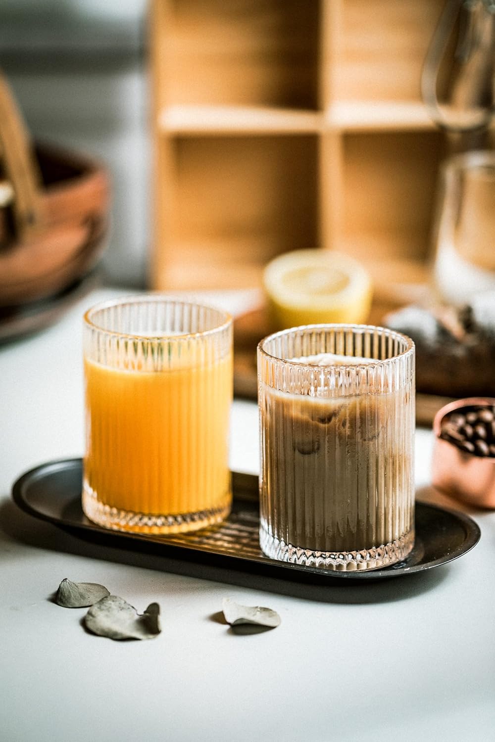 Drinking Glasses with Origami Style Set of 4 Glass Cups, 9oz Ribbed Glassware, Art Deco Drinking Glass, Elegant Ripple Vintage Glassware, Ideal for Cocktail, Whiskey, Soda, Juice