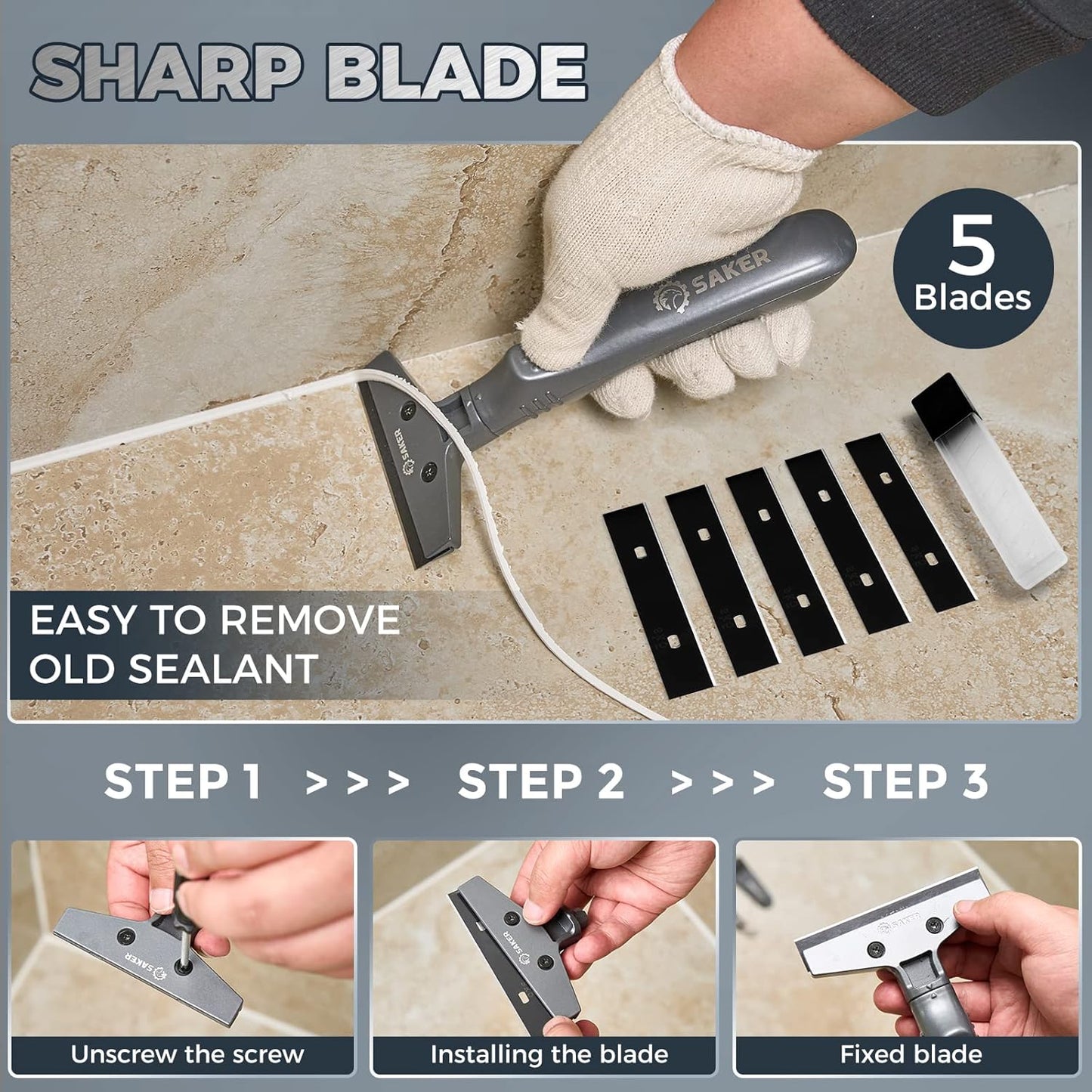 Saker Caulking Tool Kit-Aluminum 4 in 1 Sealant Finishing Tool Grout Remove Scraper Caulk Remover Glass Glue Angle Scraper for Bathroom,Kitchen,Floor,Window,Sink Joint,Frames Seal Silver