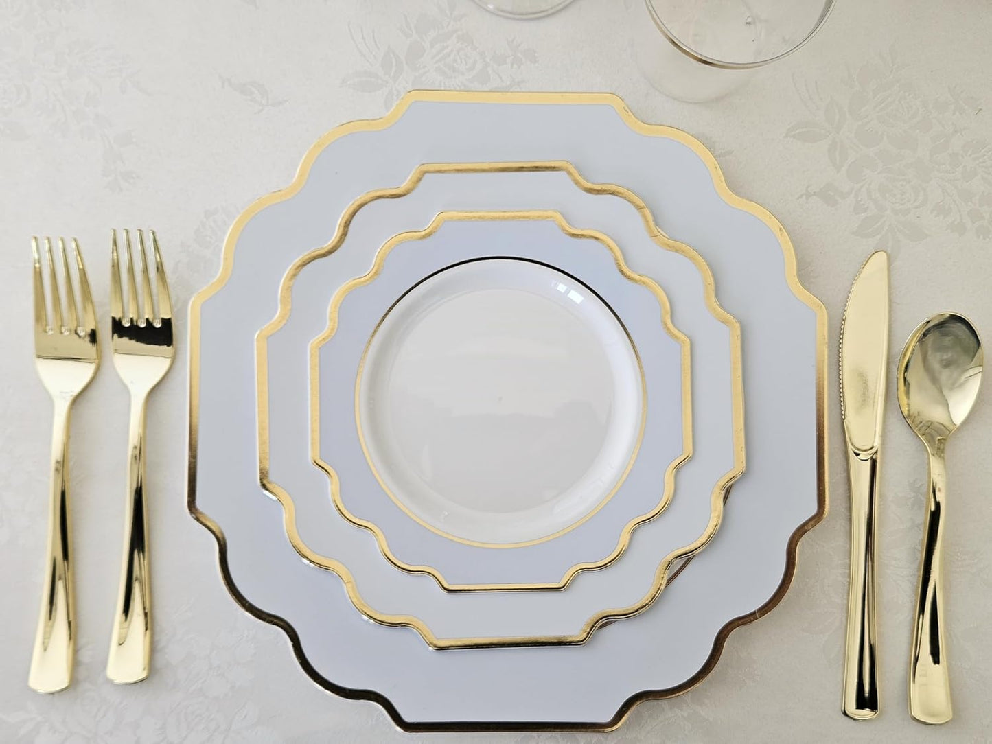 " OCCASIONS " 120 Plates Pack,(60 Guests) Heavyweight Wedding Party Disposable Plastic Plates Set -60 x 10.5'' Dinner + 60 x 8'' Salad/Dessert Plate (Imperial in White/Blue & Gold)