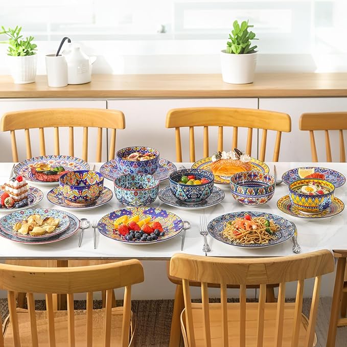 glowworm Dinnerware Sets for 6, 18 Pieces Plates and Bowls Set, Ceramic Dishes Set for 6, Oven, Microwave & Dishwasher Safe, Scratch Resistant, Bohemian